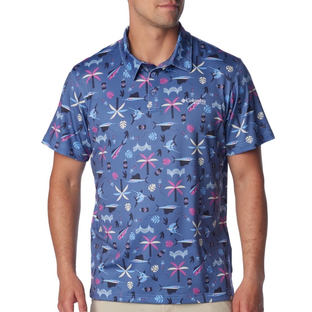 Columbia PFG Men's AOP Super Slack Tide Fishing Polo Bluebell Retro Bait XS 0411